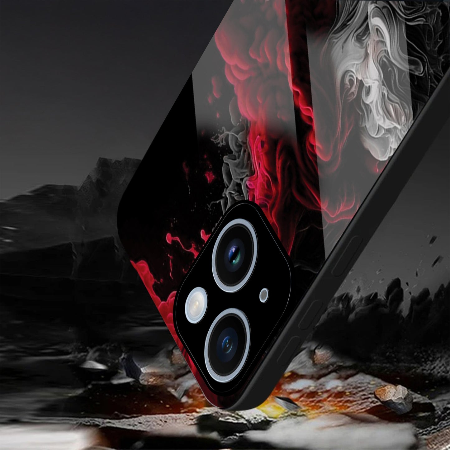 iPhone 15 Premium Acrylic Shockproof Glass Back Case ( Infernal Drift)