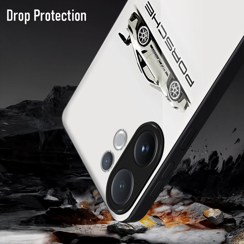 Phone case with Porsche logo and 'Drop Protection' text on a rocky surface