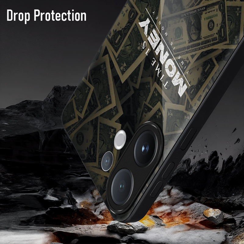 Vivo V60 5G Phone case with money design and 'Drop Protection' text on a rocky background
