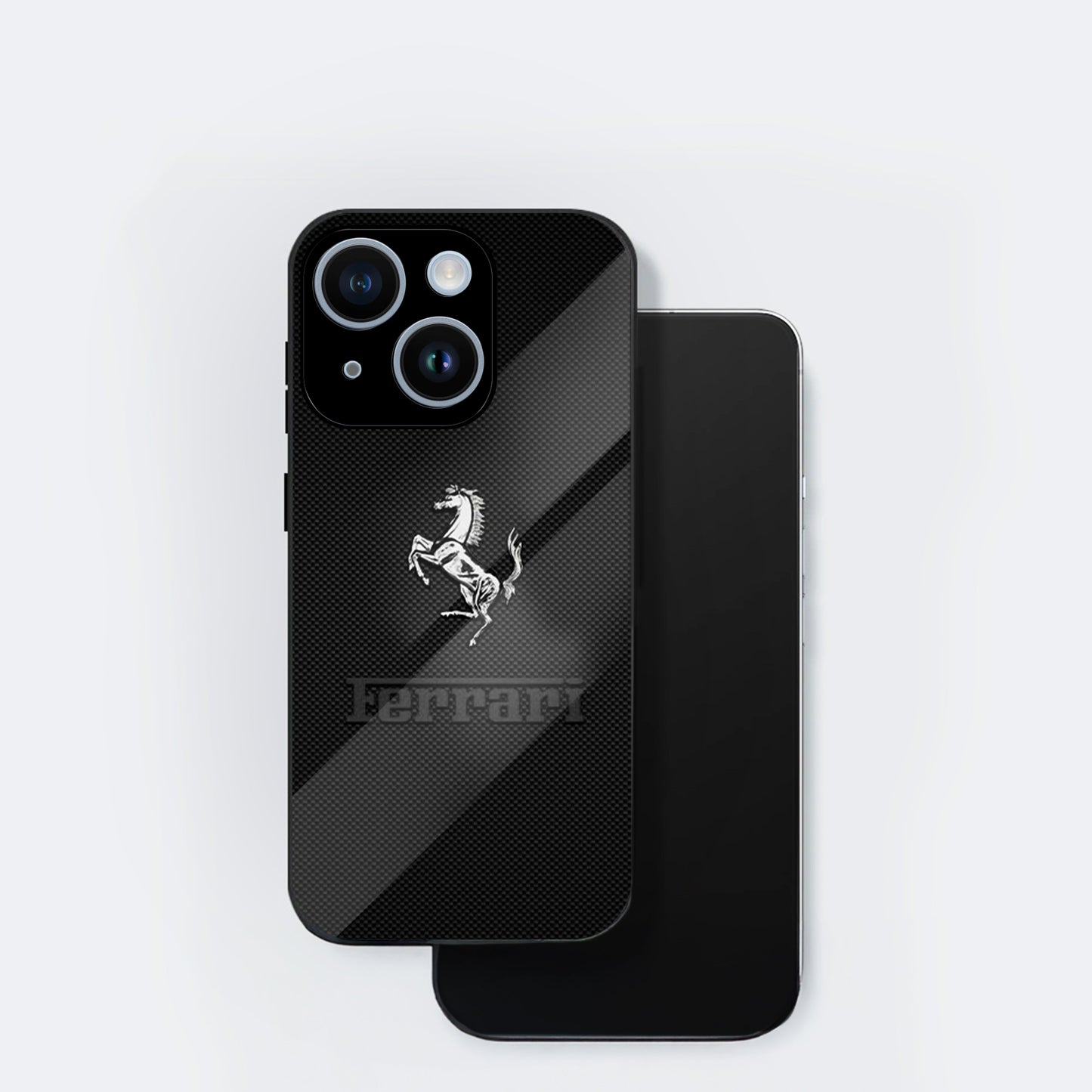 iPhone 15 Premium Acrylic Shockproof Glass Back Case ( Ferrari Carbon Fiber )