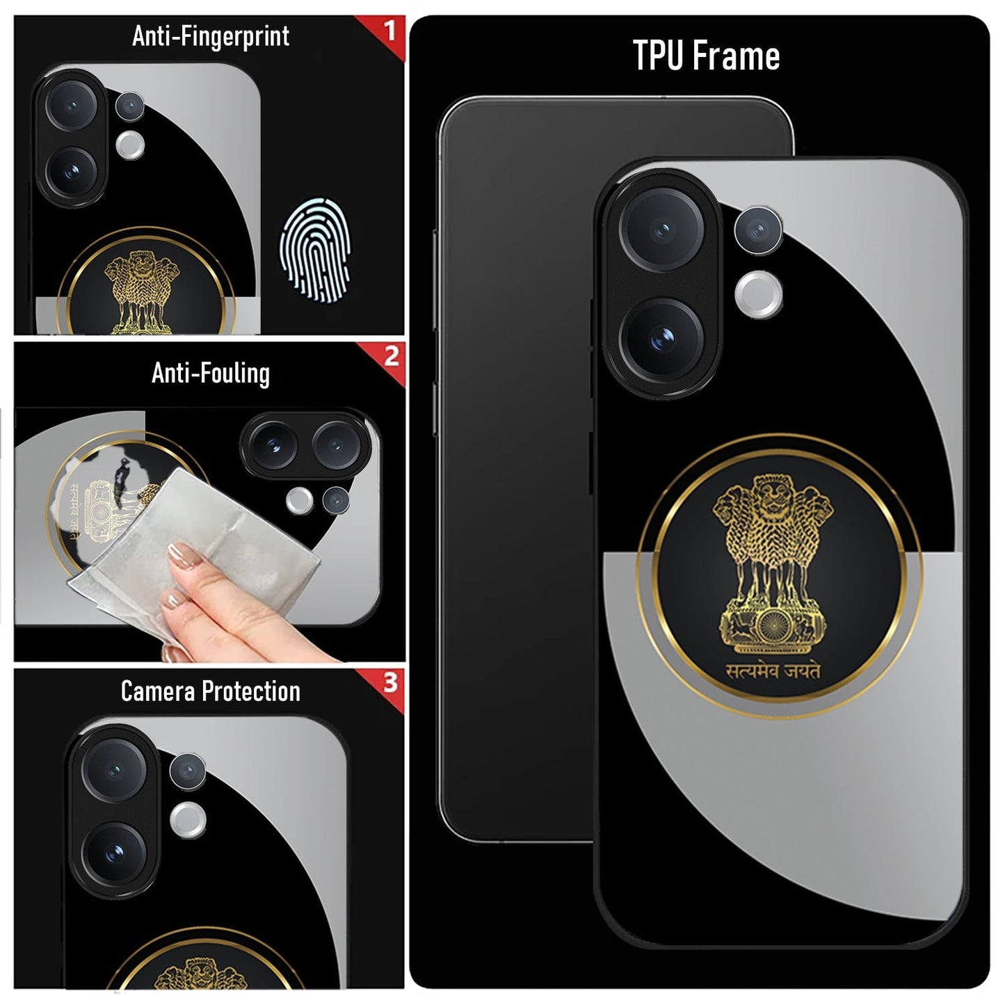 Phone case with TPU frame and anti-fingerprint, anti-fouling, and camera protection features.