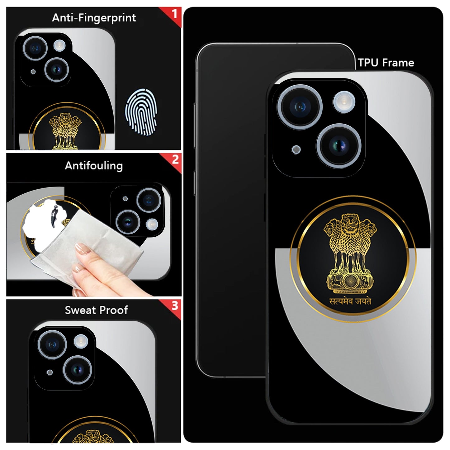 iPhone 15 Premium Acrylic Shockproof Glass Back Case (Satyamev Noir)