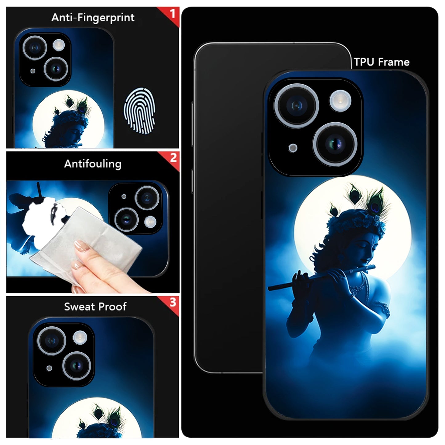 iPhone 15 Premium Acrylic Shockproof Glass Back Case ( Midnight Krishna )