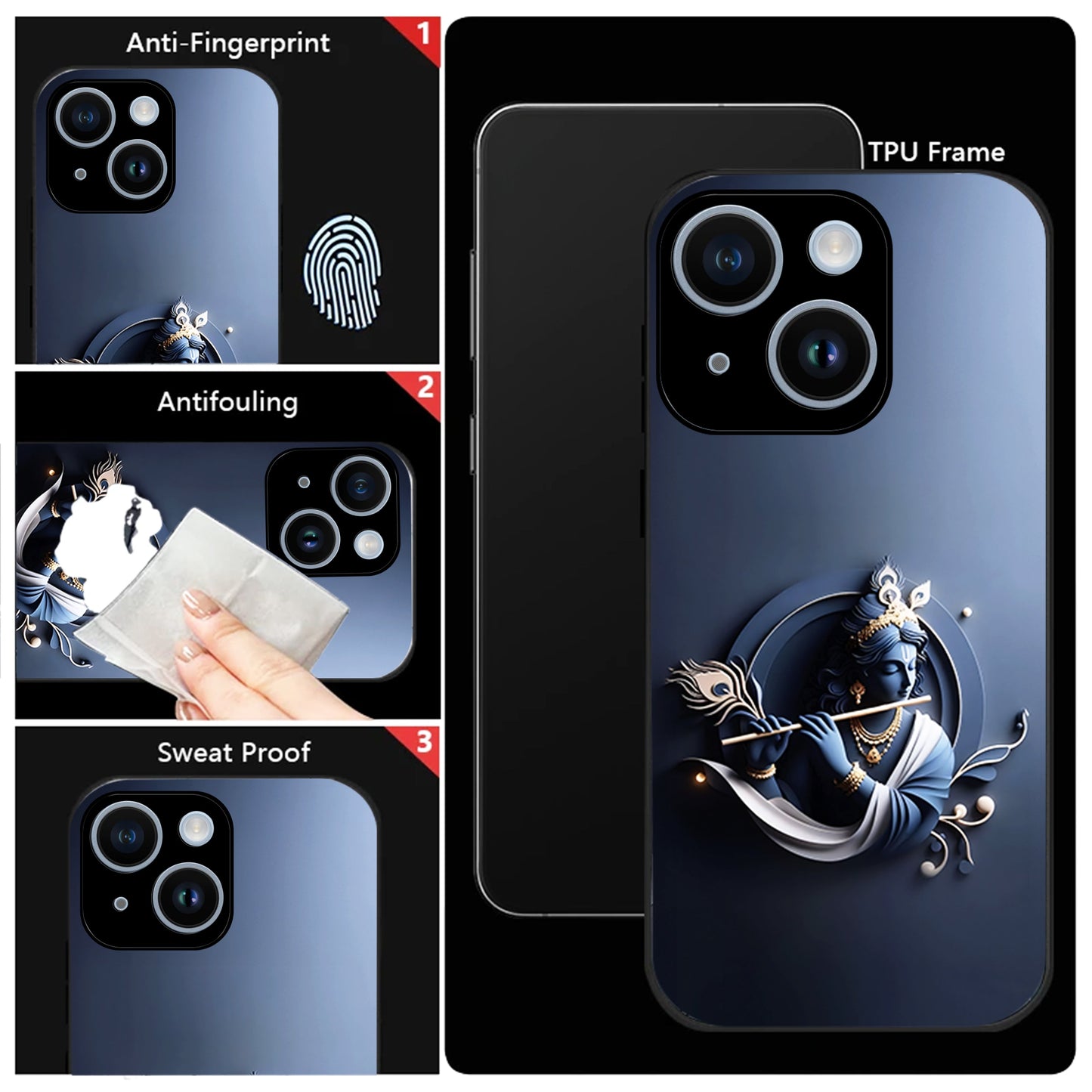 iPhone 15 Premium Acrylic Shockproof Glass Back Case ( Krishna )