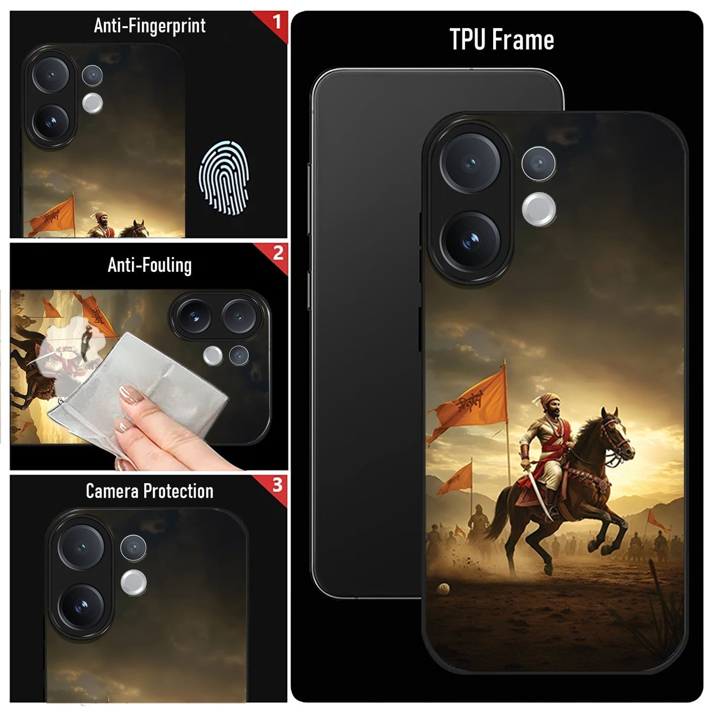 Vivo V60 5G Phone case with warrior on horseback design featuring TPU frame and camera protection features.