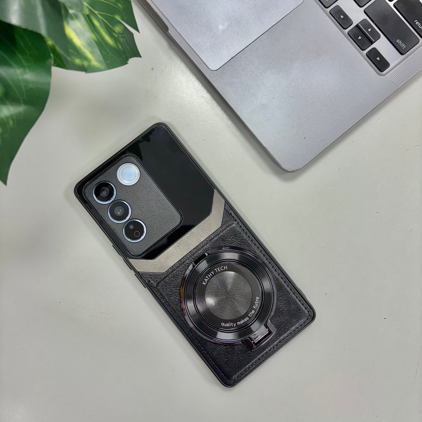 Vivo V27 5G Original Luxury Leather Lens Magnifier Ring Stand Case