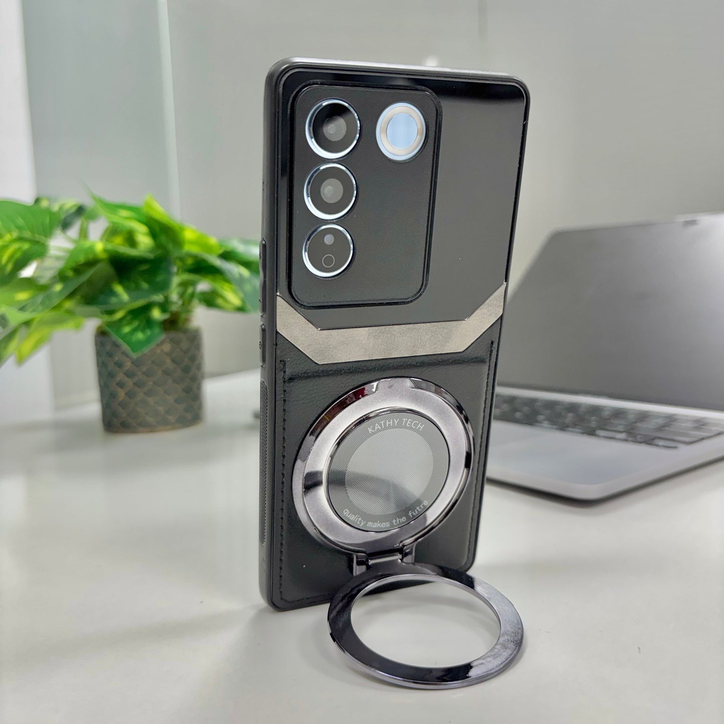 Vivo V27 5G Original Luxury Leather Lens Magnifier Ring Stand Case
