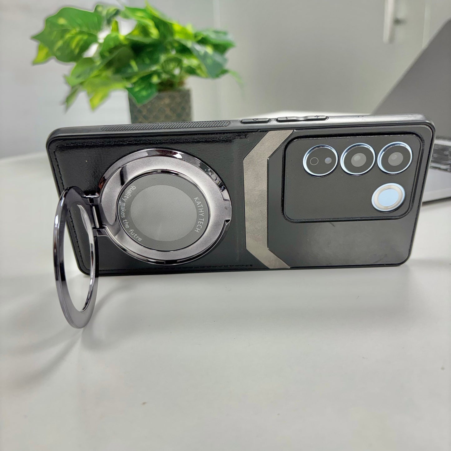Vivo V27 5G Original Luxury Leather Lens Magnifier Ring Stand Case