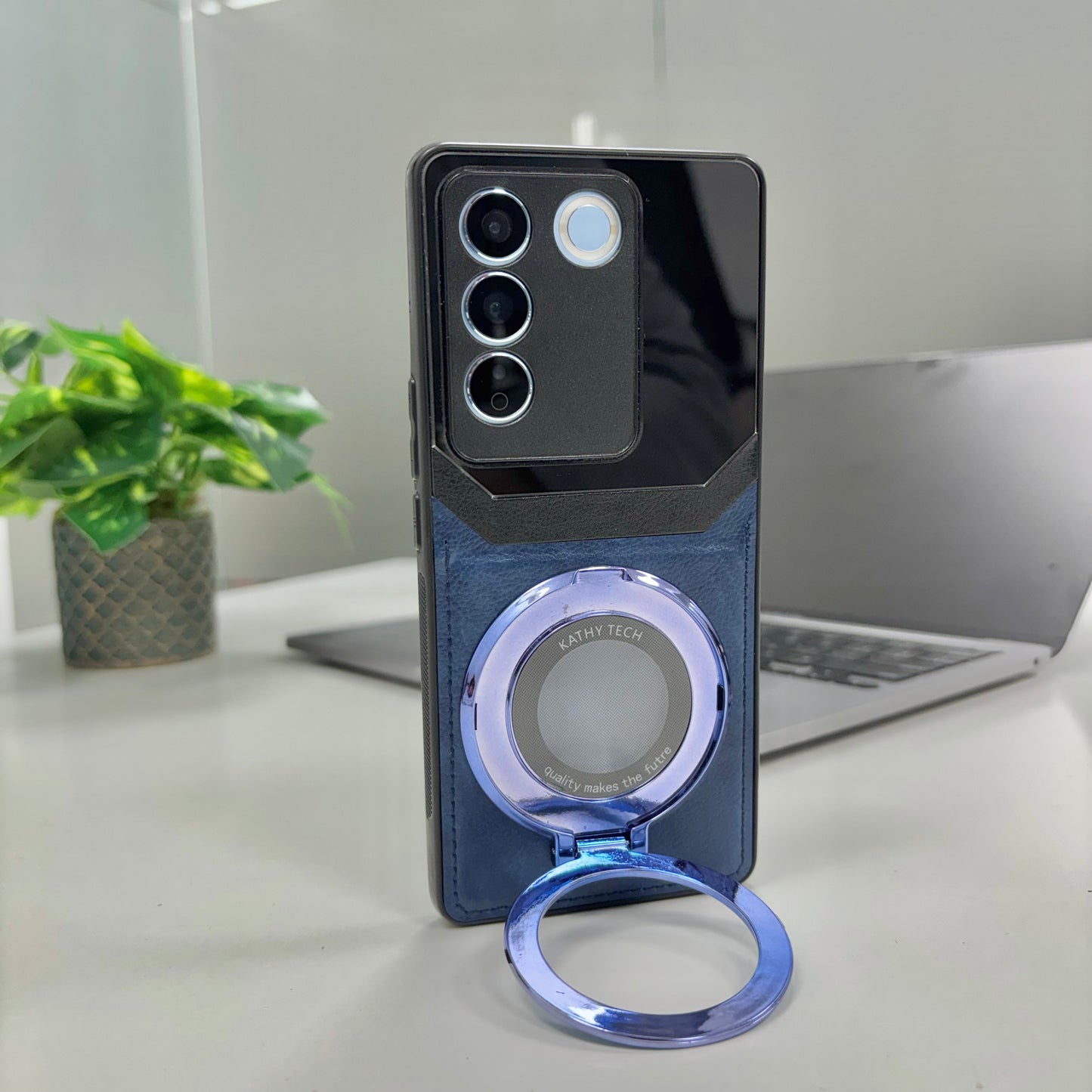 Vivo V27 5G Original Luxury Leather Lens Magnifier Ring Stand Case