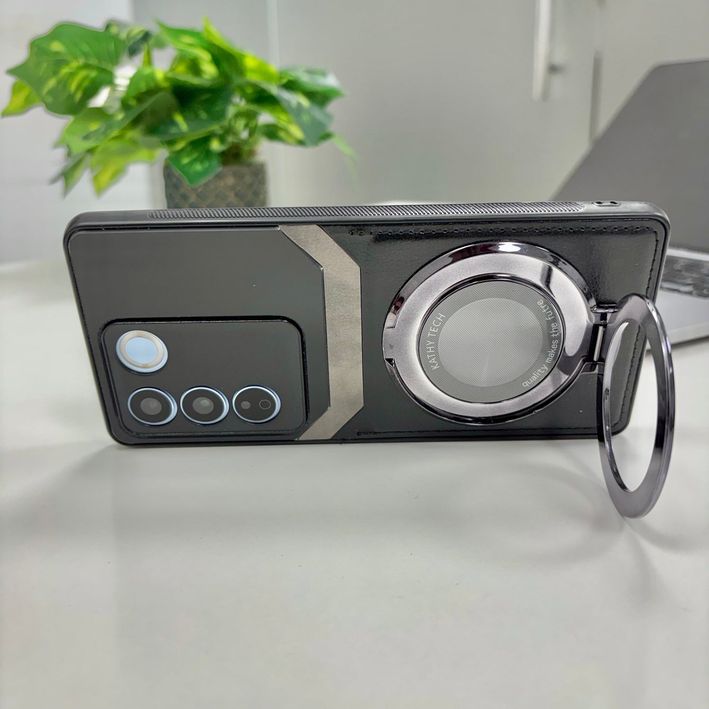 Vivo V27 5G Original Luxury Leather Lens Magnifier Ring Stand Case