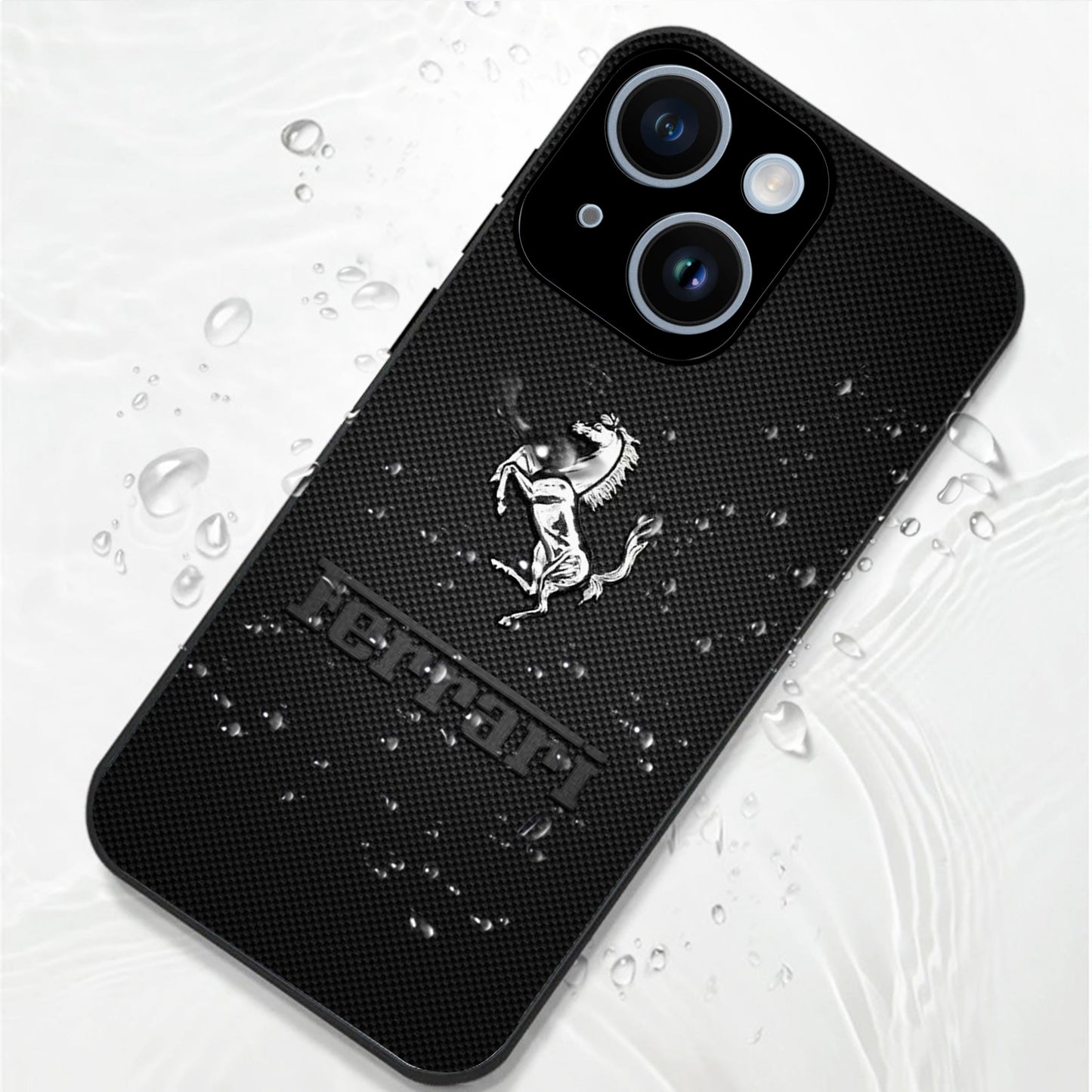 iPhone 15 Premium Acrylic Shockproof Glass Back Case ( Ferrari Carbon Fiber )