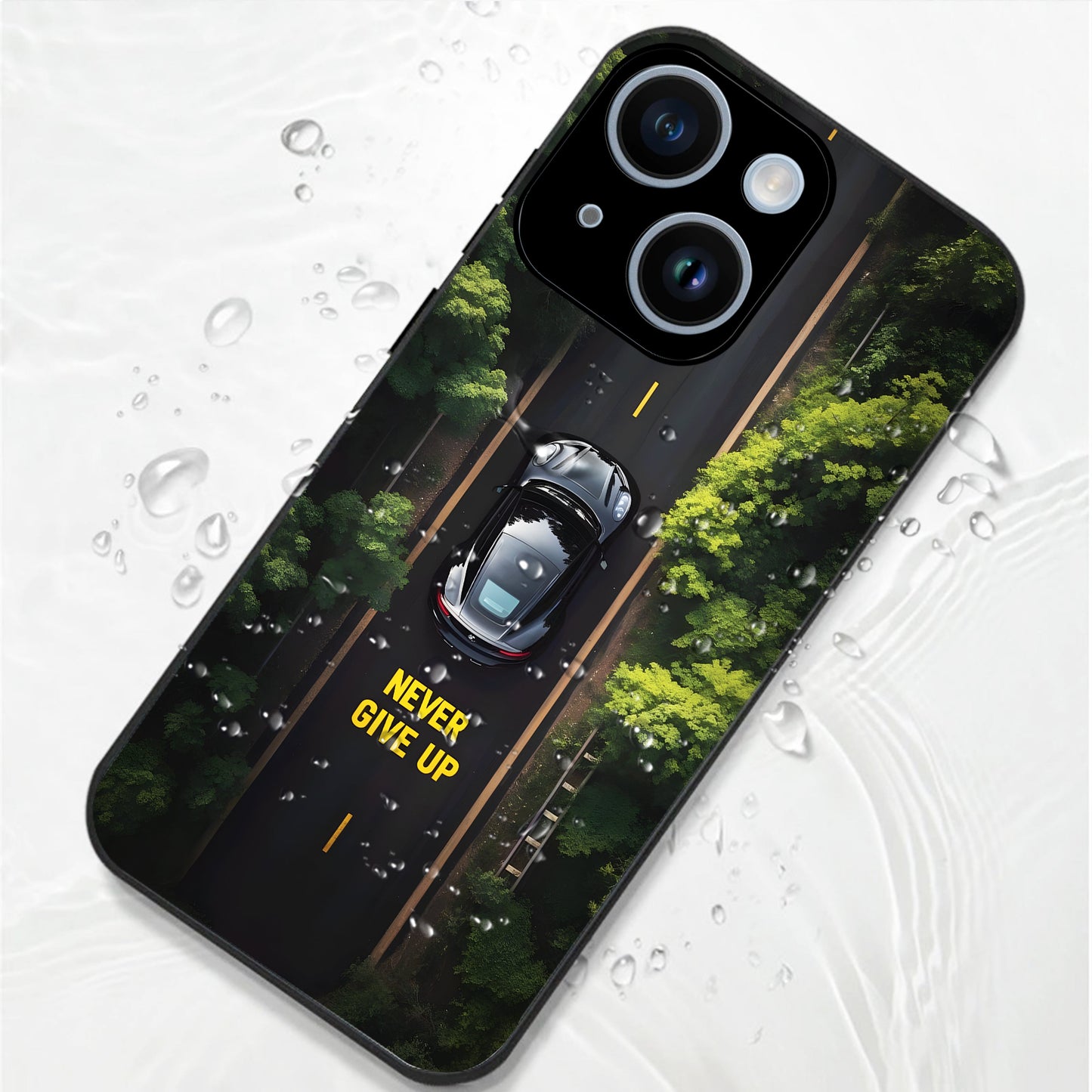 iPhone 15 Premium Acrylic Shockproof Glass Back Case (Road Never Give Up)