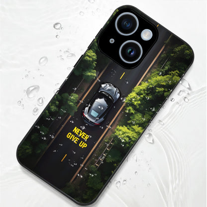 iPhone 15 Premium Acrylic Shockproof Glass Back Case (Road Never Give Up)