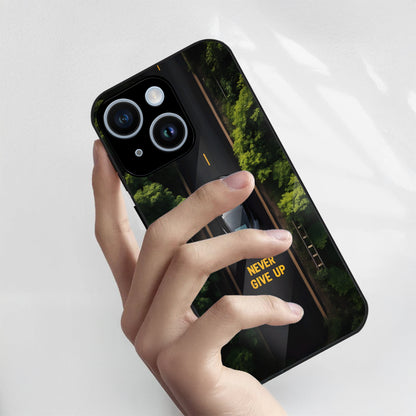 iPhone 15 Premium Acrylic Shockproof Glass Back Case (Road Never Give Up)