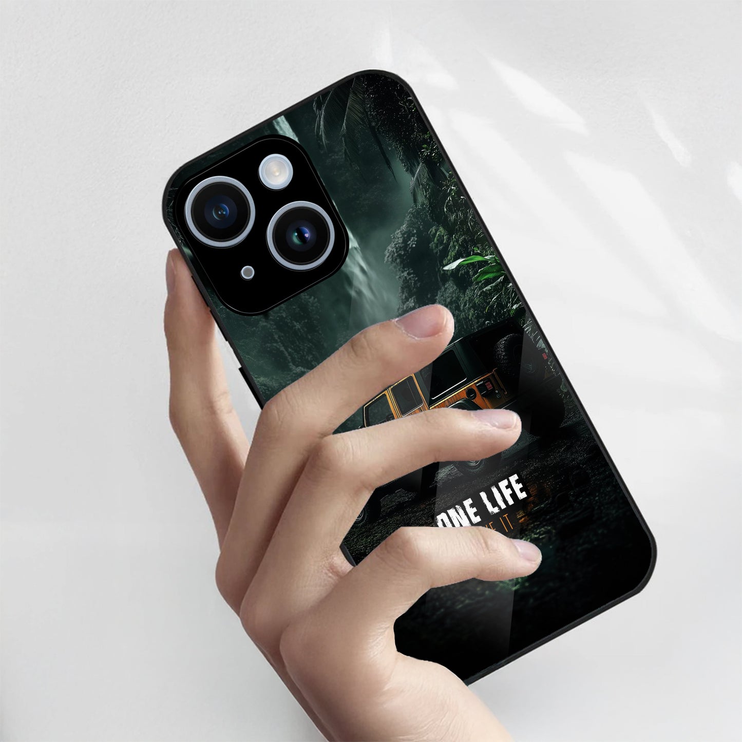 iPhone 15 Premium Acrylic Shockproof Glass Back Case ( Jeep Case )