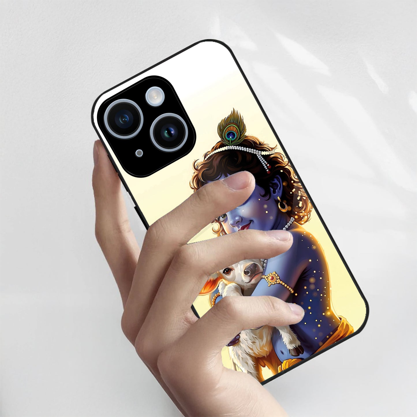 iPhone 15 Premium Acrylic Shockproof Glass Back Case (Cute Krishna)