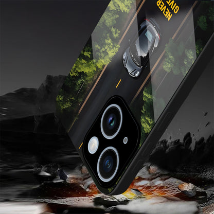 iPhone 15 Premium Acrylic Shockproof Glass Back Case (Road Never Give Up)
