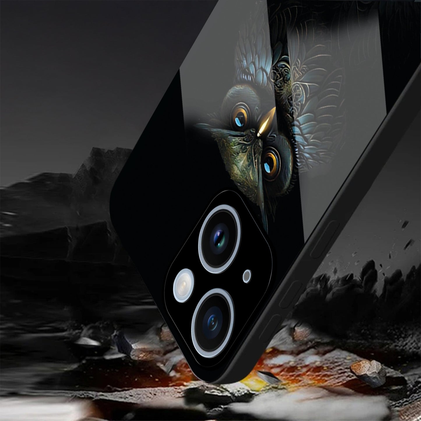 iPhone 15 Premium Acrylic Shockproof Glass Back Case ( Midnight Owl )
