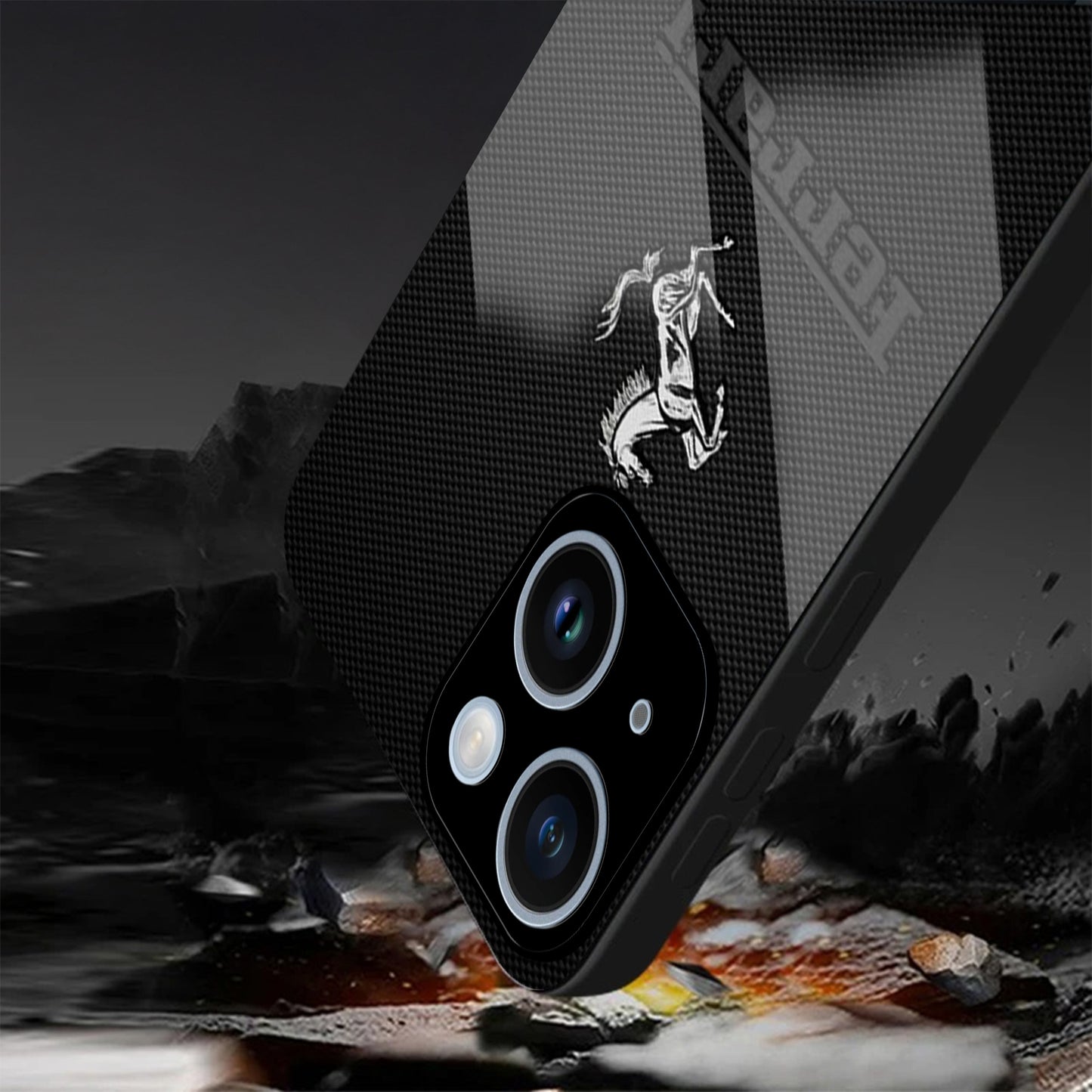 iPhone 15 Premium Acrylic Shockproof Glass Back Case ( Ferrari Carbon Fiber )