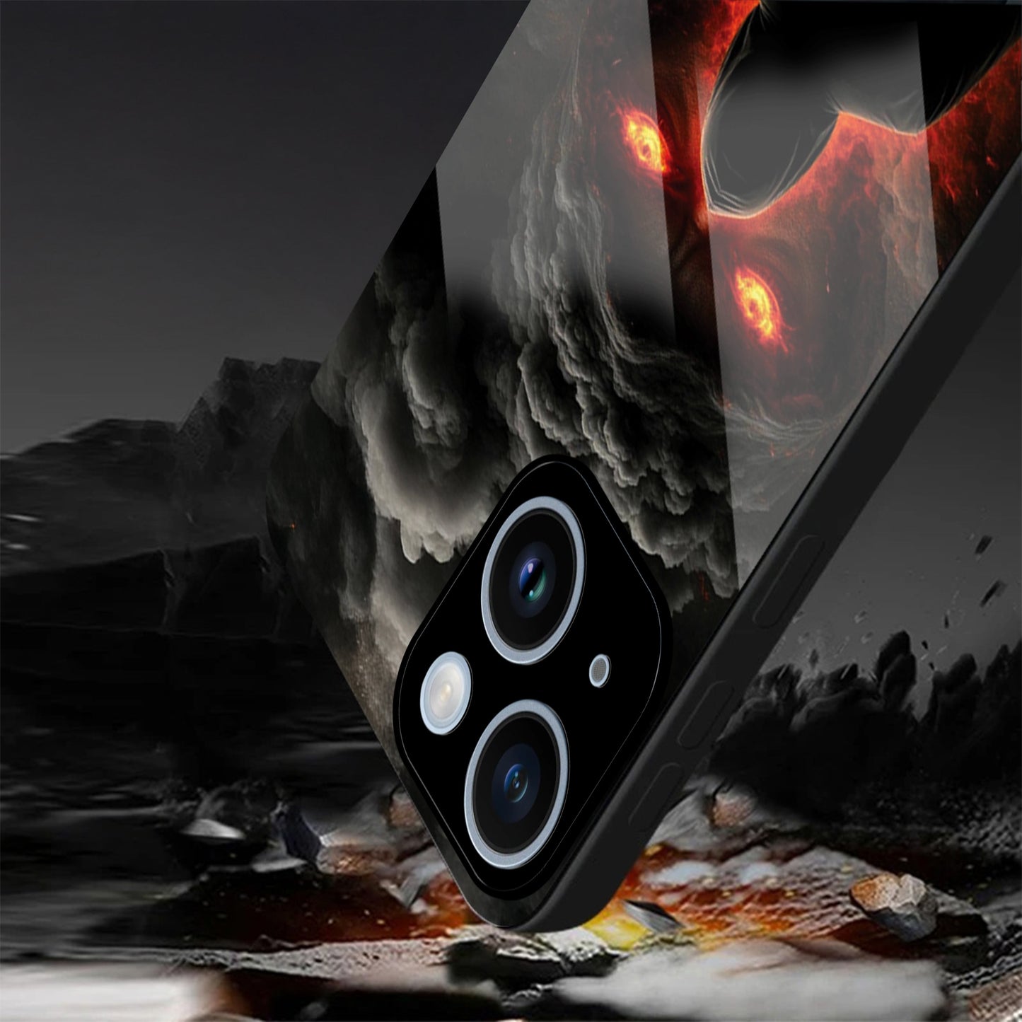 iPhone 15 Premium Acrylic Shockproof Glass Back Case (Dark Flame)