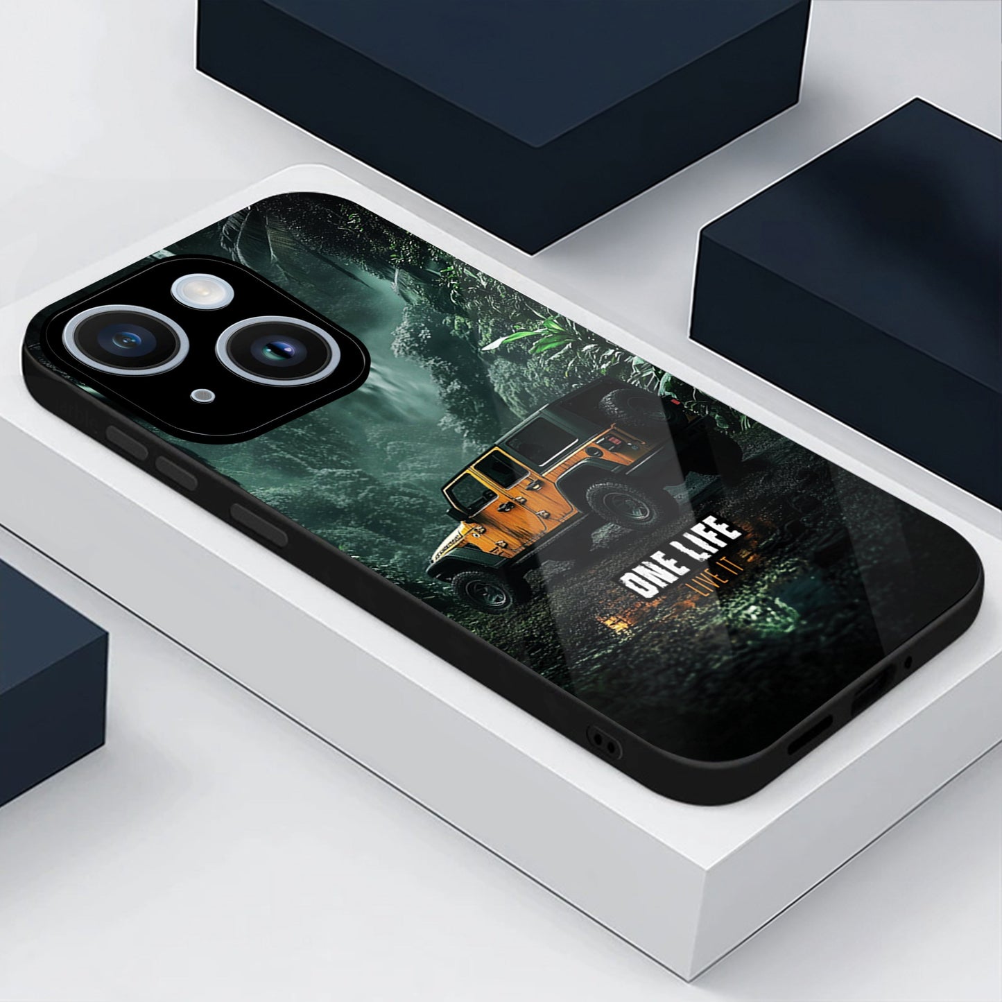 iPhone 15 Premium Acrylic Shockproof Glass Back Case ( Jeep Case )