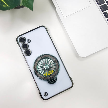 A clear plastic smartphone case with a sleek and transparent electroplated design featuring a glossy blue outline. It showcases a unique matte pattern on the back and has a camera protection cutout.