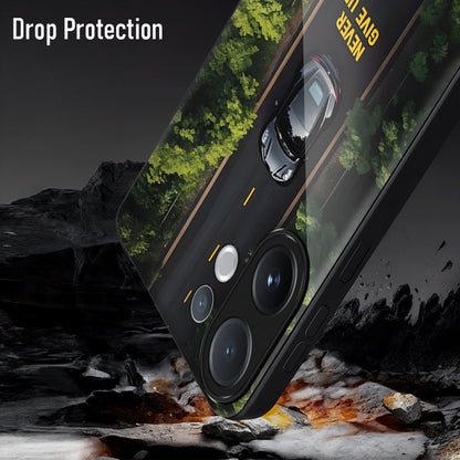 Phone case with drop protection feature shown on a rocky surface