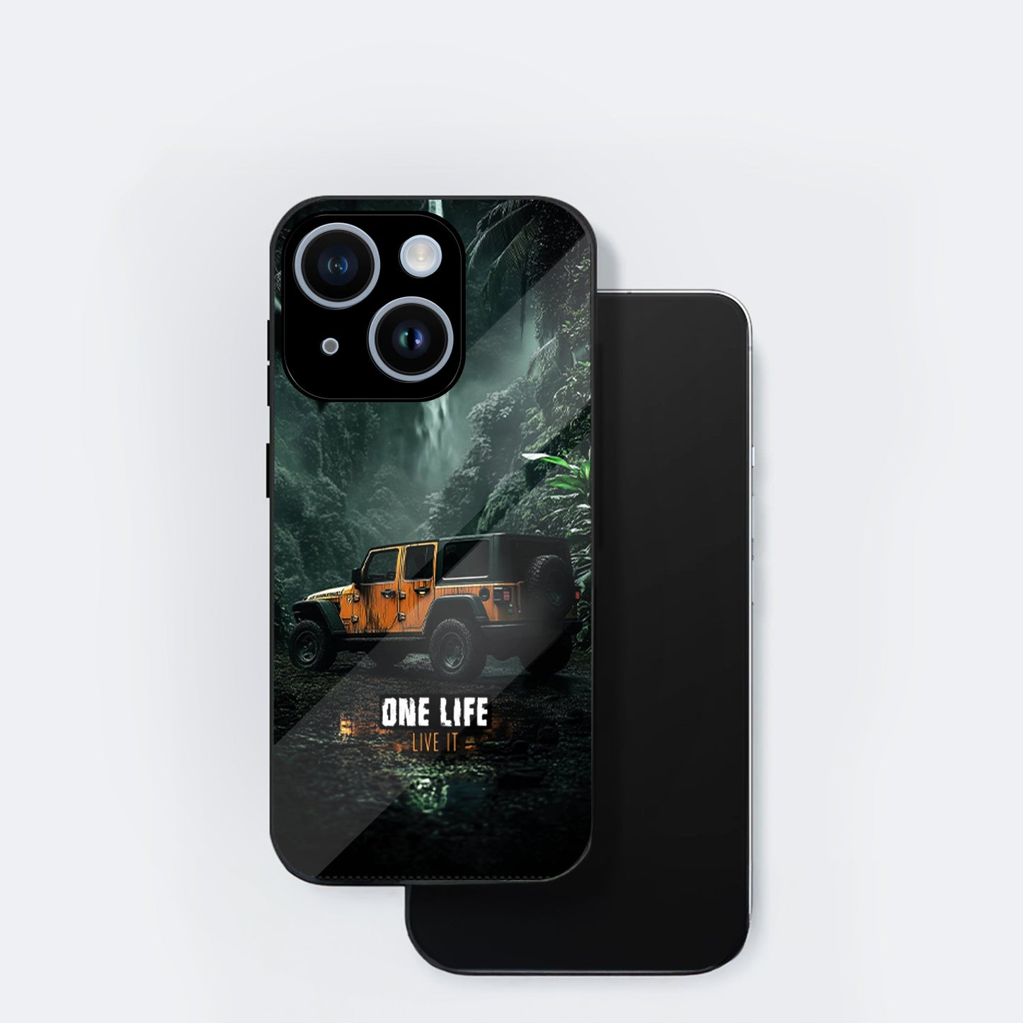 iPhone 15 Premium Acrylic Shockproof Glass Back Case ( Jeep Case )