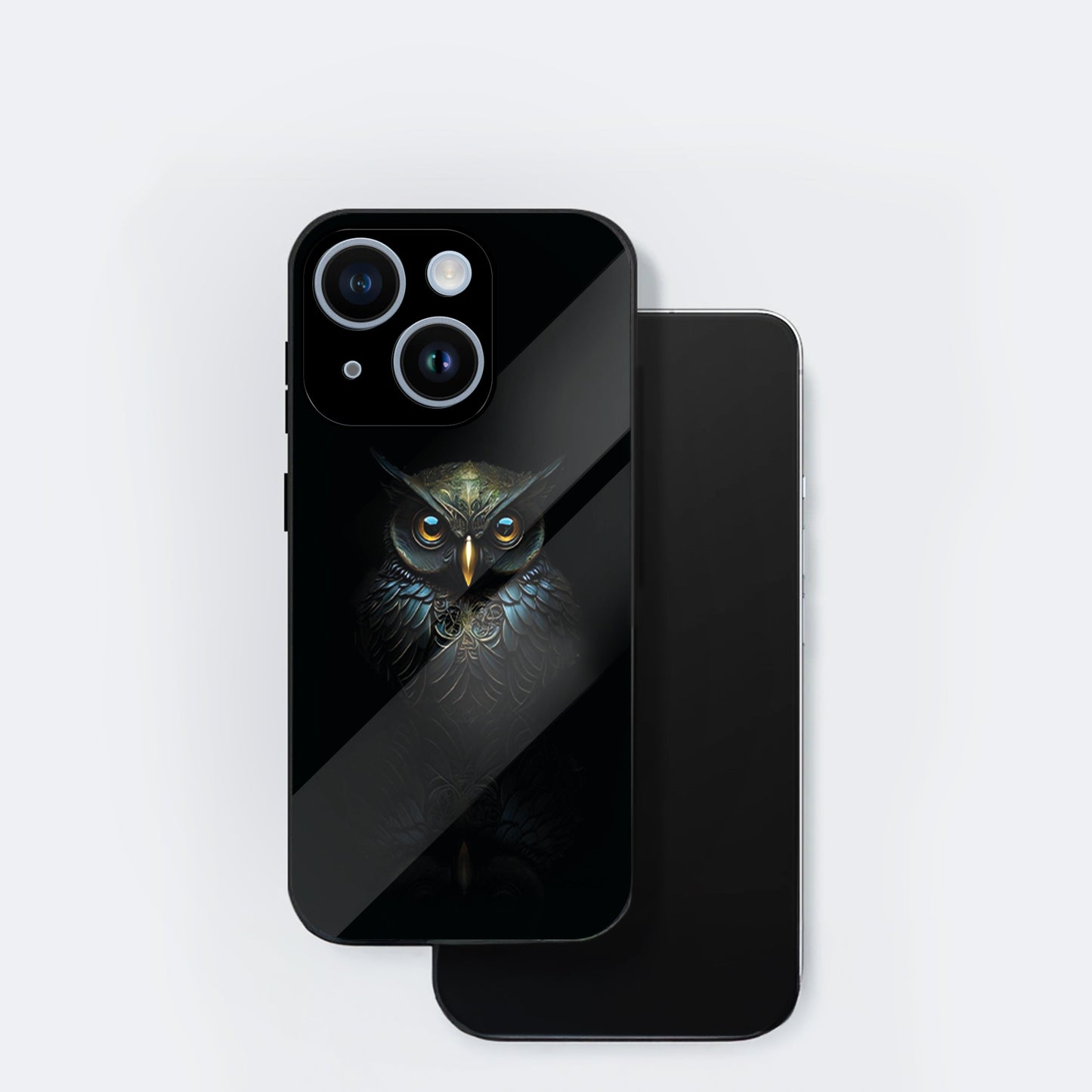 iPhone 15 Premium Acrylic Shockproof Glass Back Case ( Midnight Owl )