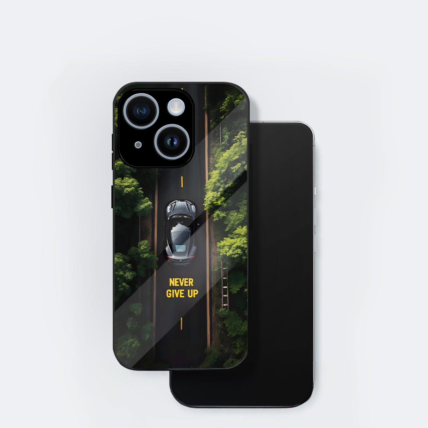 iPhone 15 Premium Acrylic Shockproof Glass Back Case (Road Never Give Up)