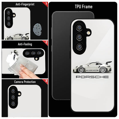 Samsung Galaxy A36 Premium Acrylic Shockproof Glass Back Case (White Porsche)