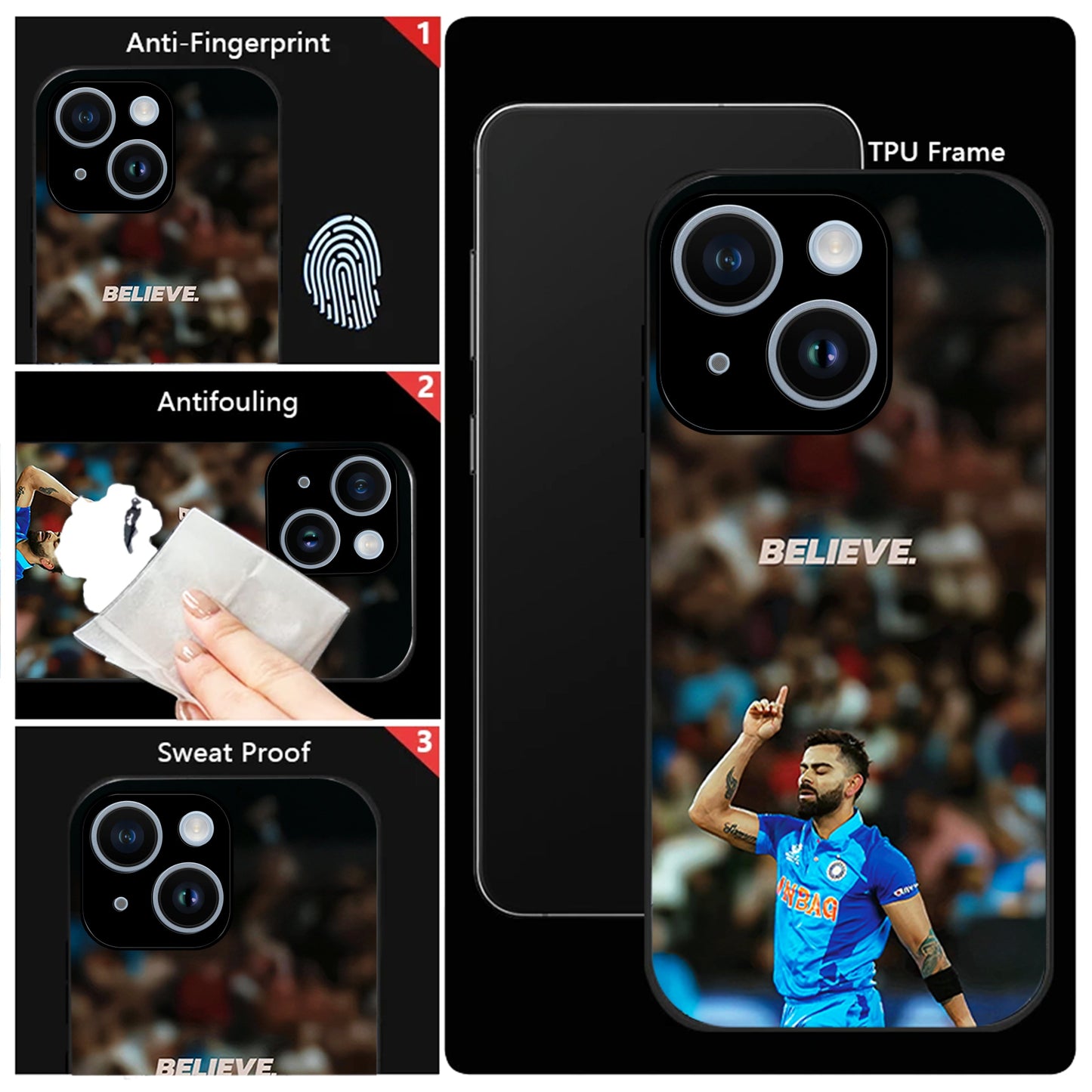 iPhone 15 Premium Acrylic Shockproof Glass Back Case (Virat Kohli)