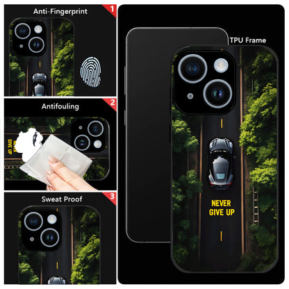 iPhone 15 Premium Acrylic Shockproof Glass Back Case (Road Never Give Up)