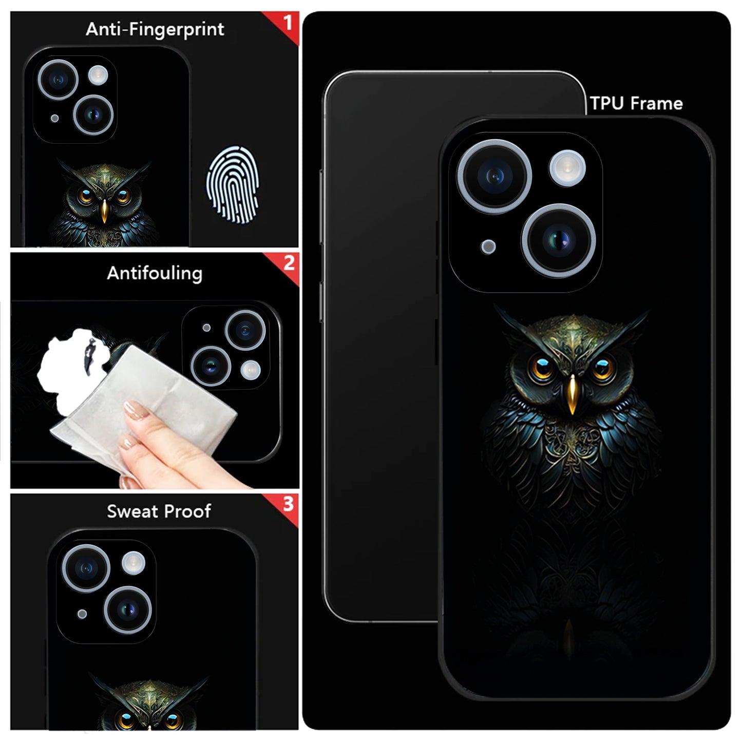 iPhone 15 Premium Acrylic Shockproof Glass Back Case ( Midnight Owl )