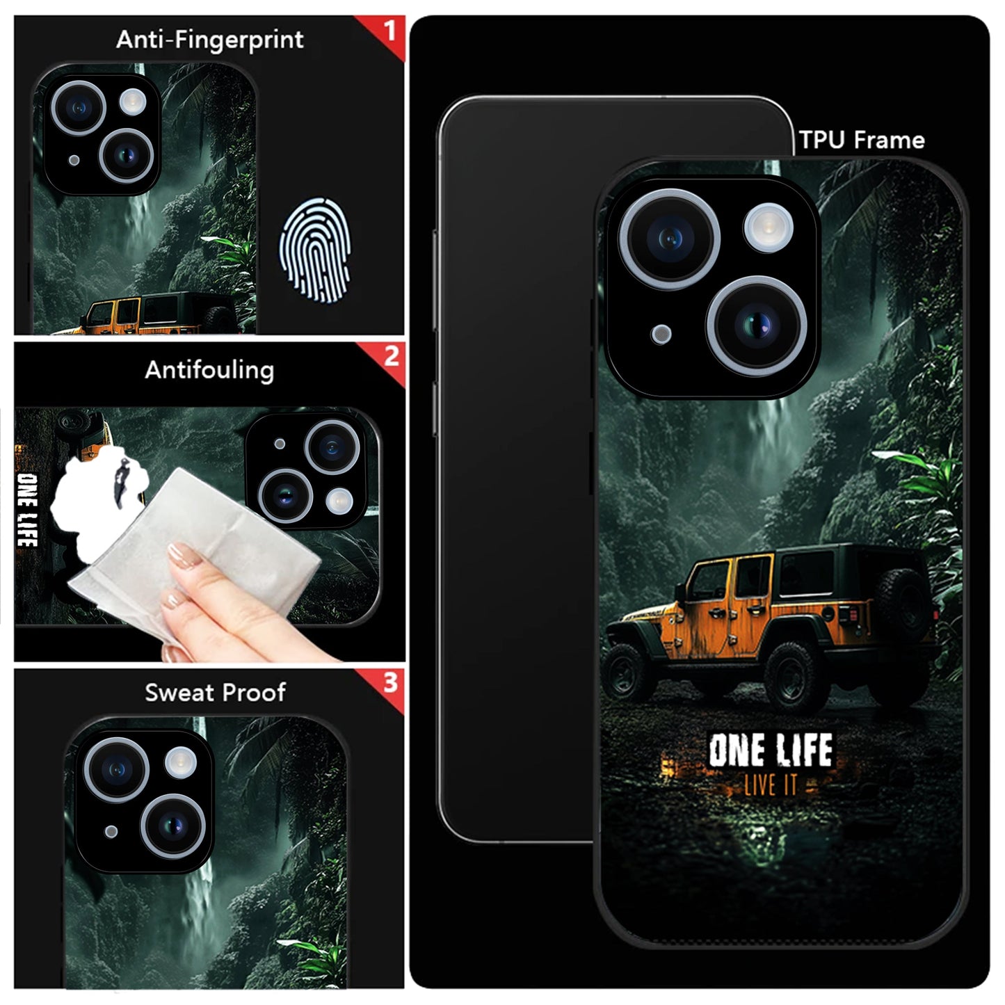 iPhone 15 Premium Acrylic Shockproof Glass Back Case ( Jeep Case )