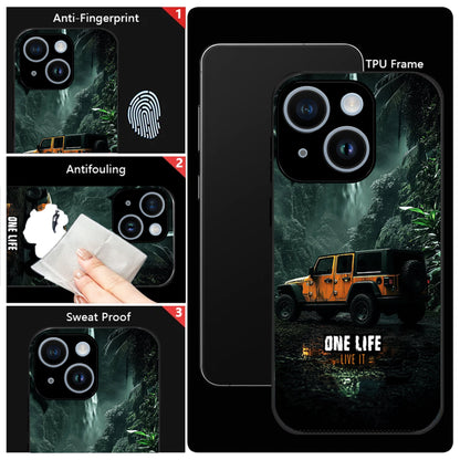 iPhone 15 Premium Acrylic Shockproof Glass Back Case ( Jeep Case )