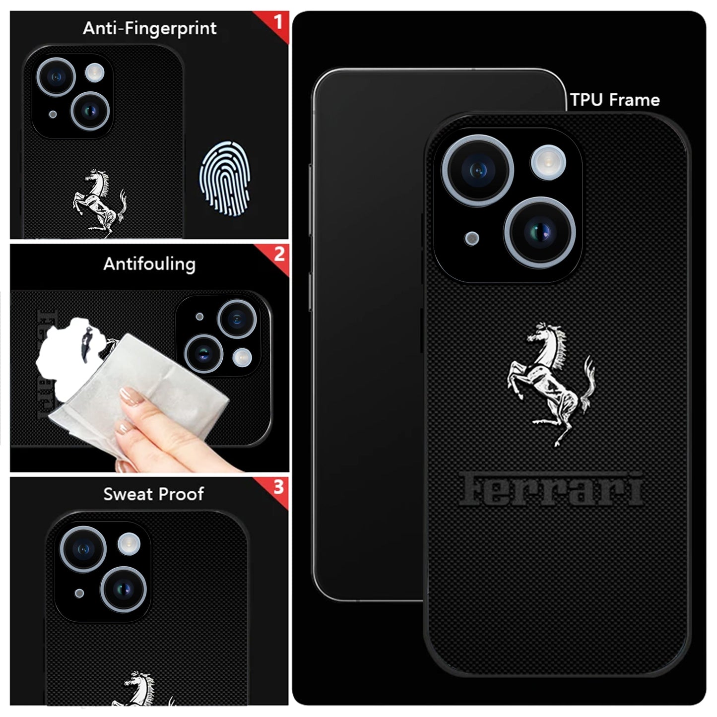 iPhone 15 Premium Acrylic Shockproof Glass Back Case ( Ferrari Carbon Fiber )