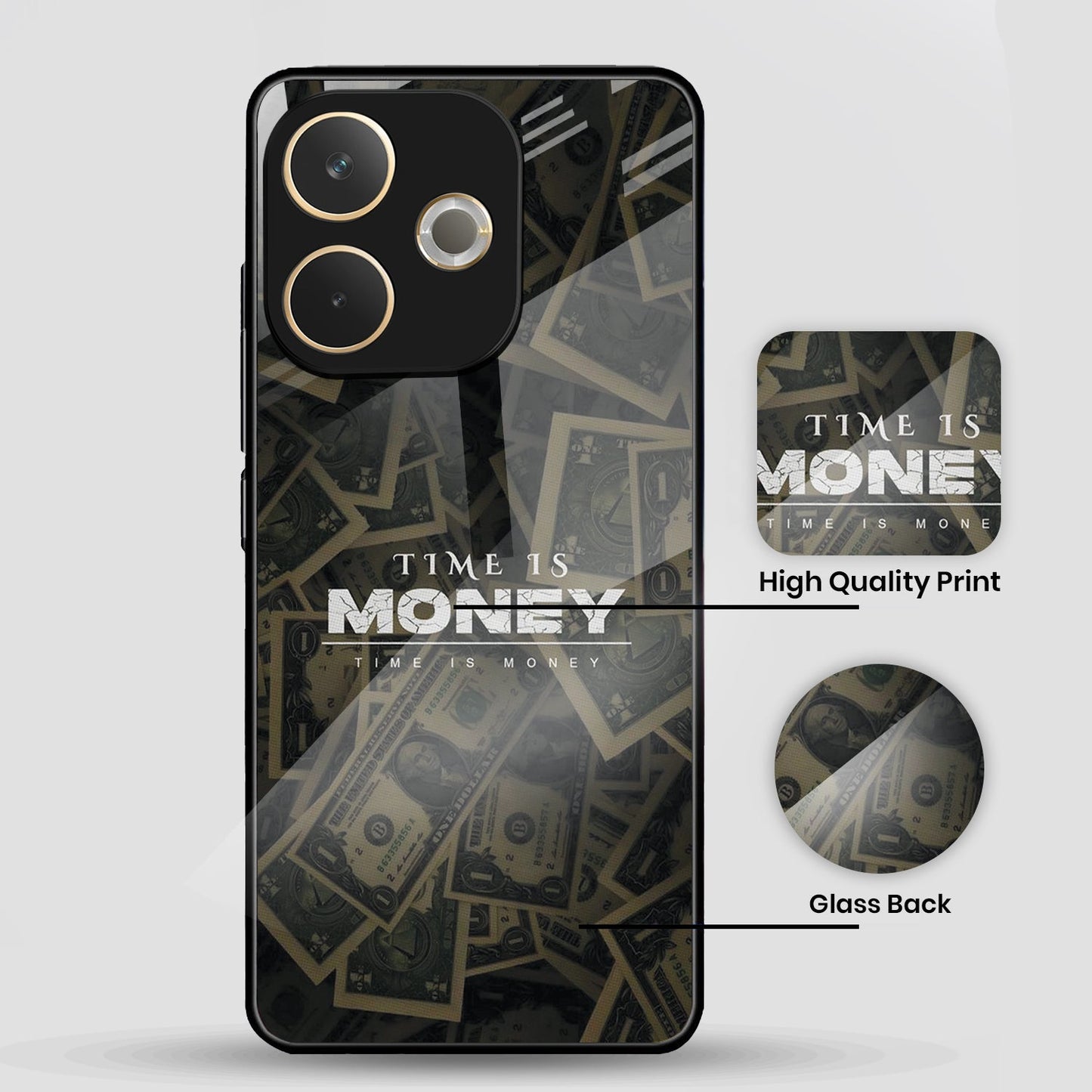 Oppo A5 Pro 5G Premium Acrylic Shockproof Glass Back Case (Time is Money )