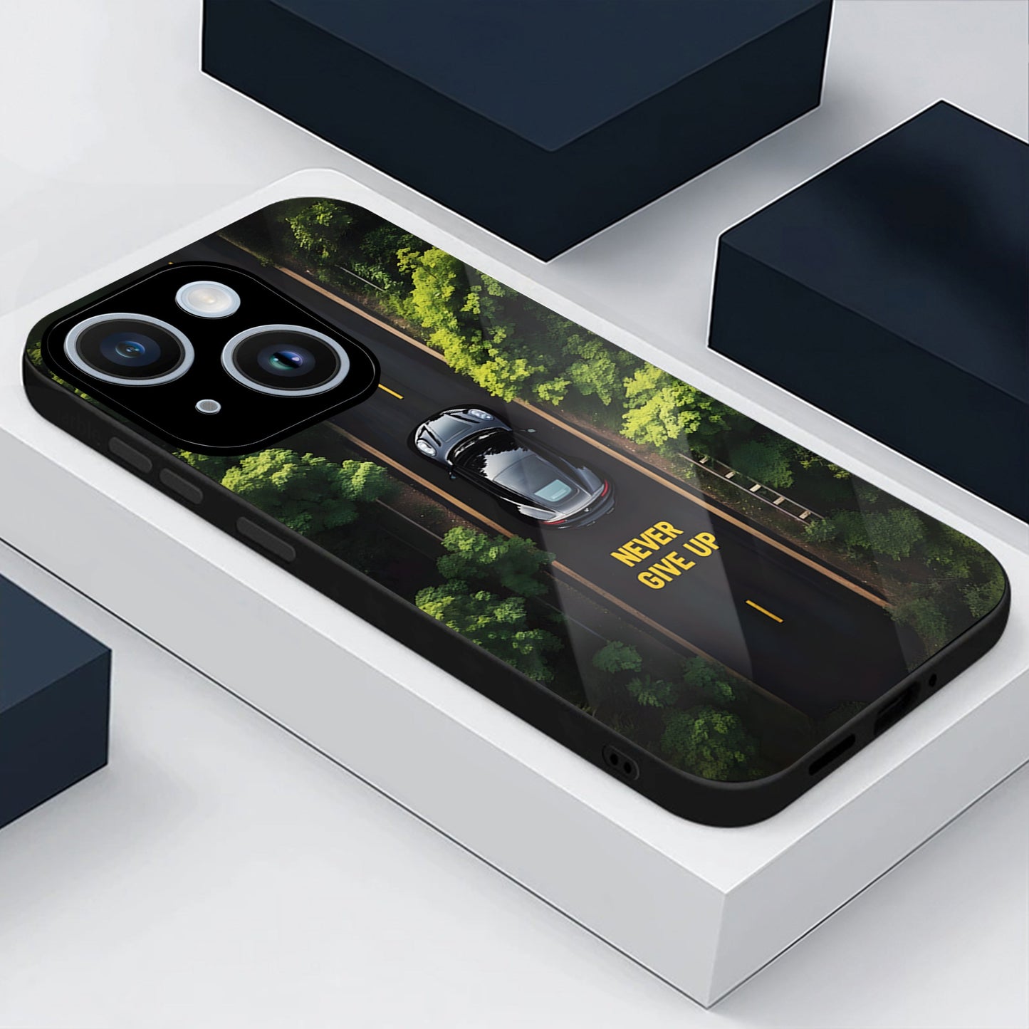 iPhone 15 Premium Acrylic Shockproof Glass Back Case (Road Never Give Up)