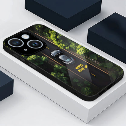 iPhone 15 Premium Acrylic Shockproof Glass Back Case (Road Never Give Up)