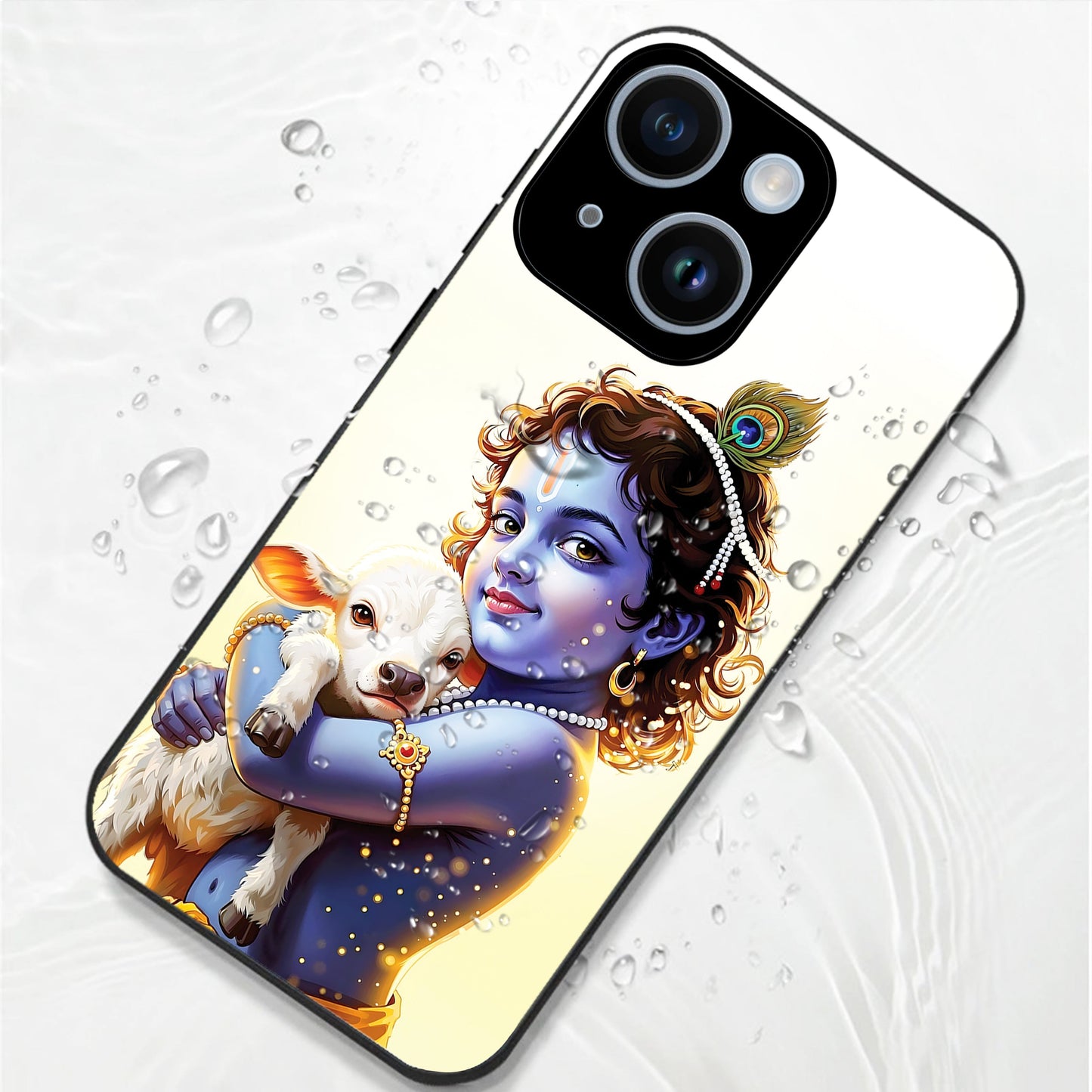iPhone 15 Premium Acrylic Shockproof Glass Back Case (Cute Krishna)