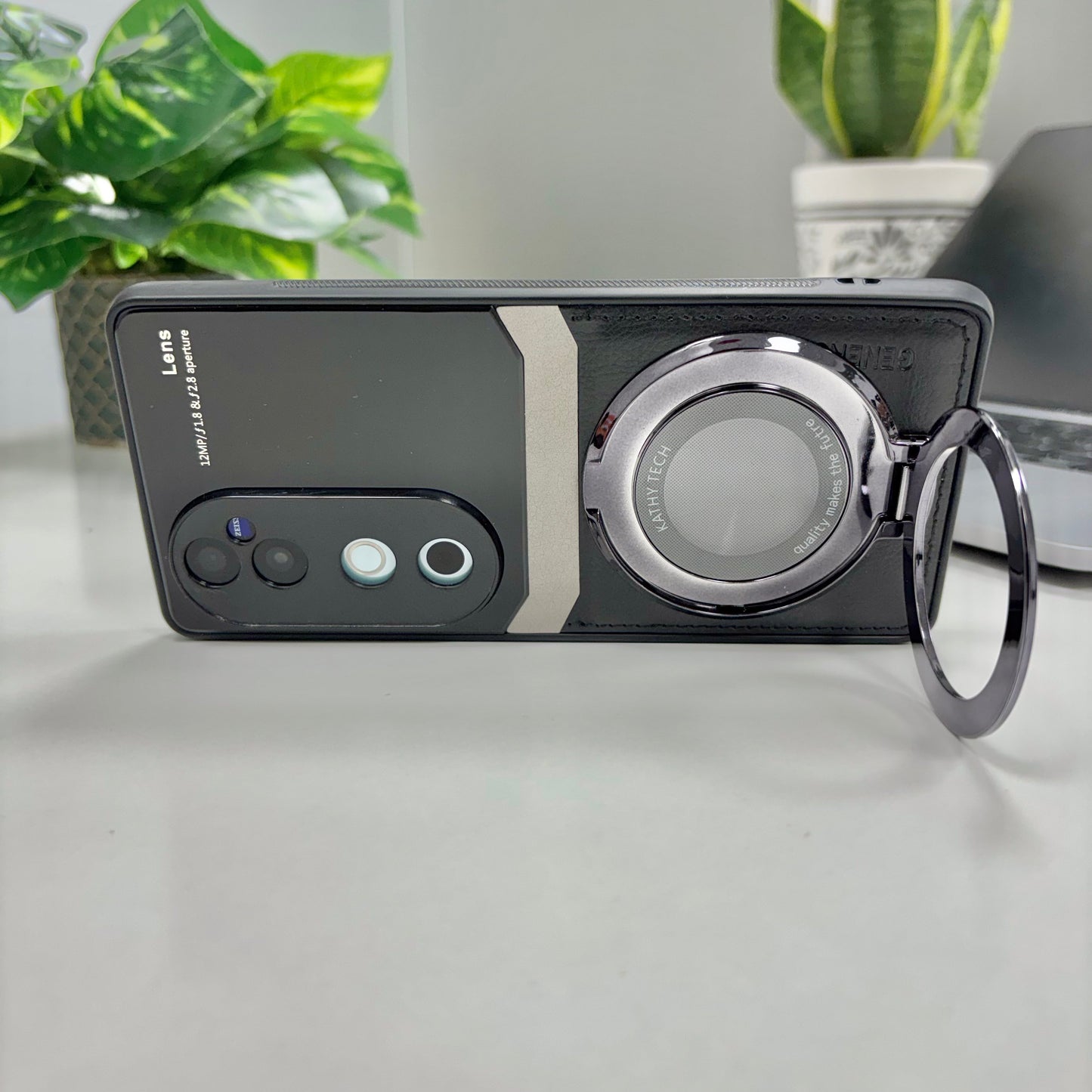 Vivo V40 Pro 5G Original Luxury Leather Lens Magnifier Ring Stand Case