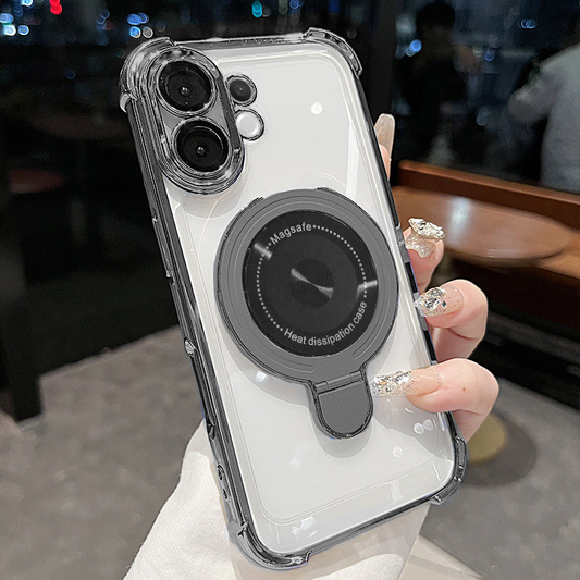 Clear phone case with camera protection feature held by a hand.