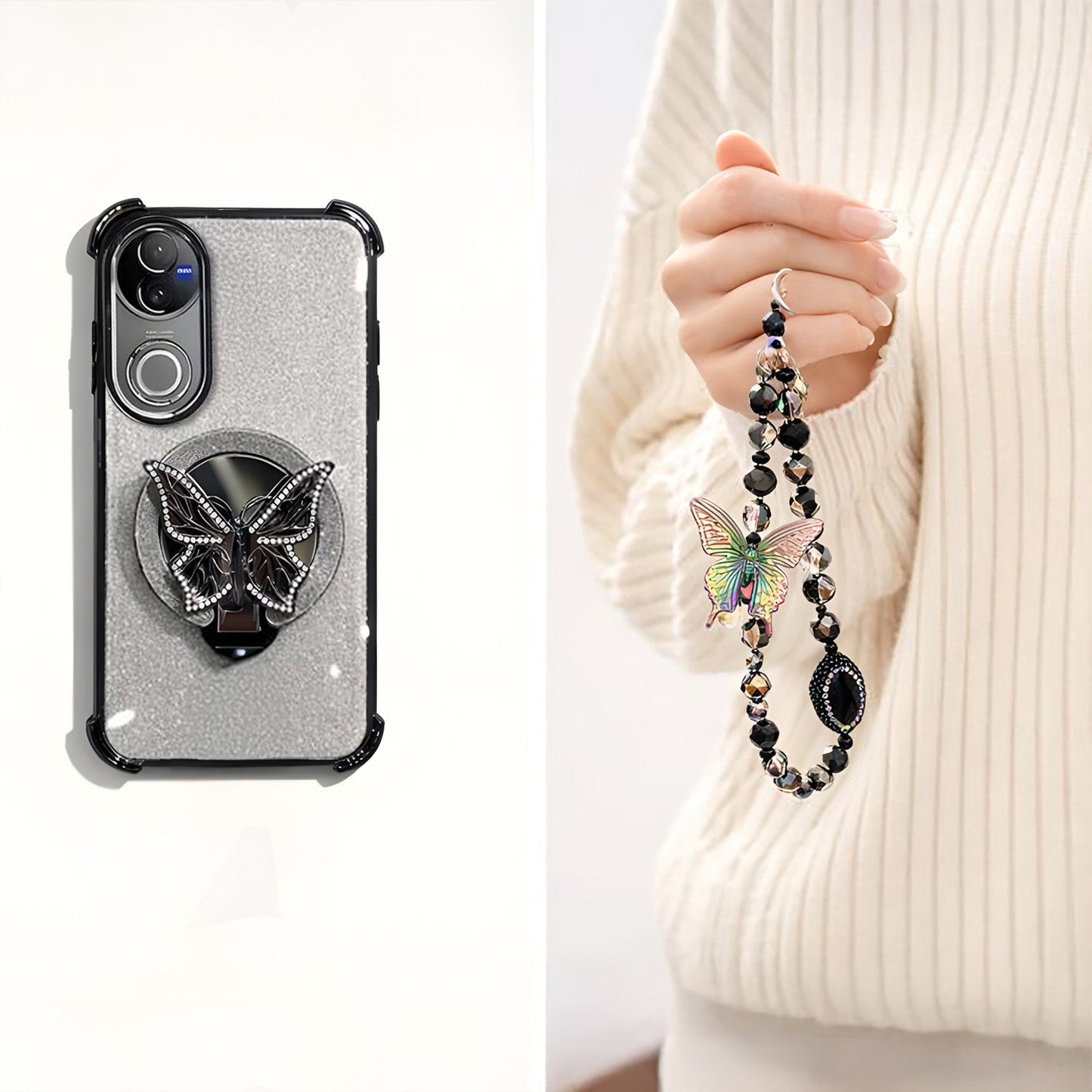 Vivo V50 5G Shockproof Shimmer Butterfly Stand Case with Charm Strap