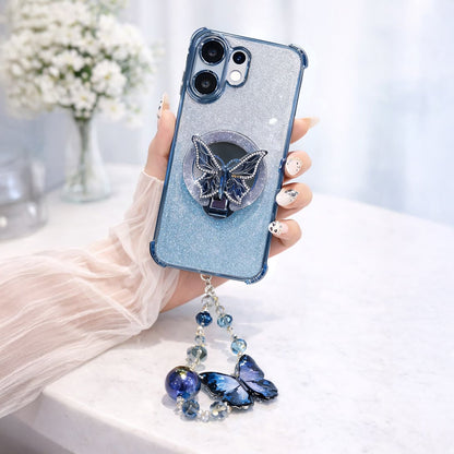 Vivo V60 5G Shockproof Shimmer Butterfly Stand Case with Charm Strap