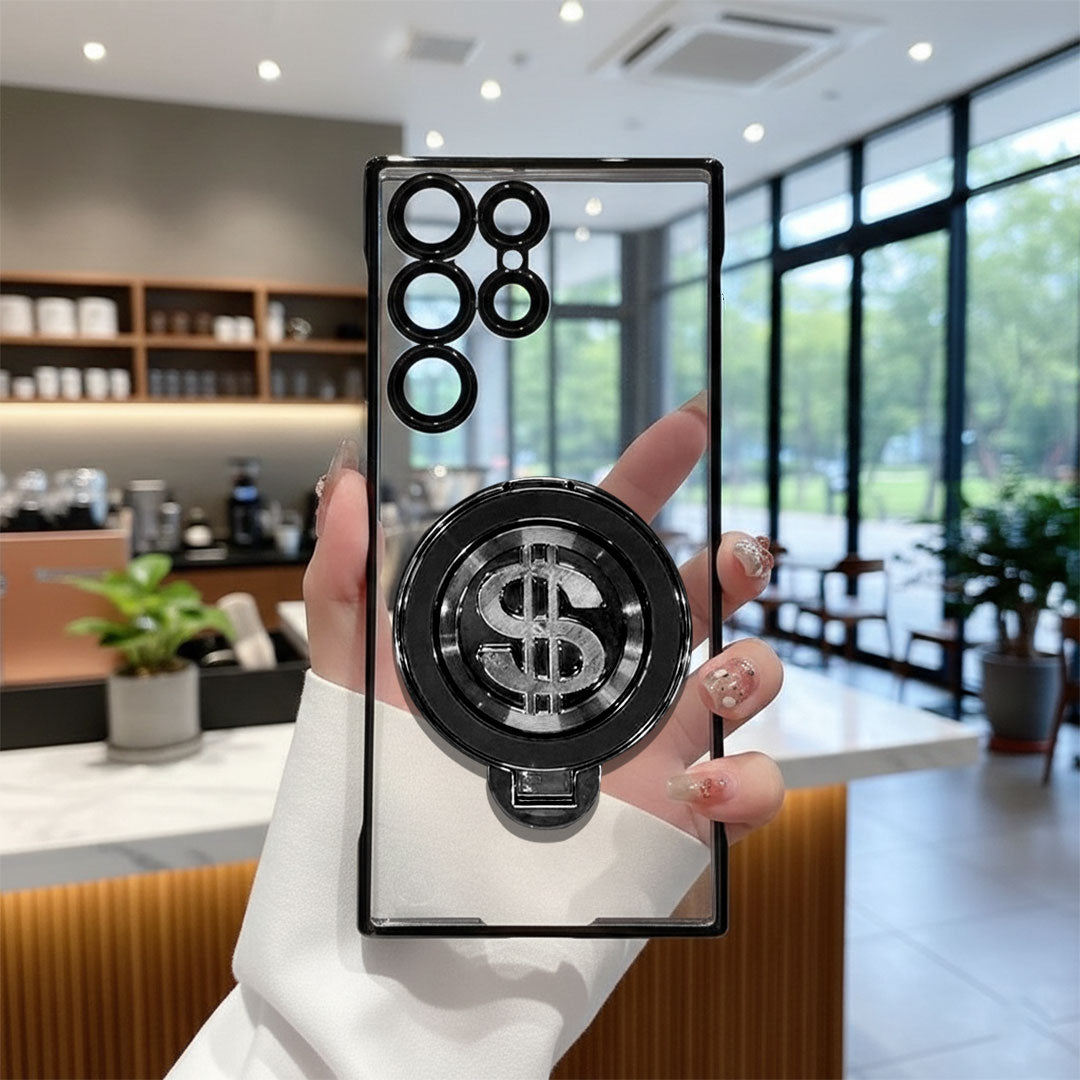 Samsung Galaxy S23 Ultra 5G Phone case with dollar sign design held in a hand inside a modern indoor setting