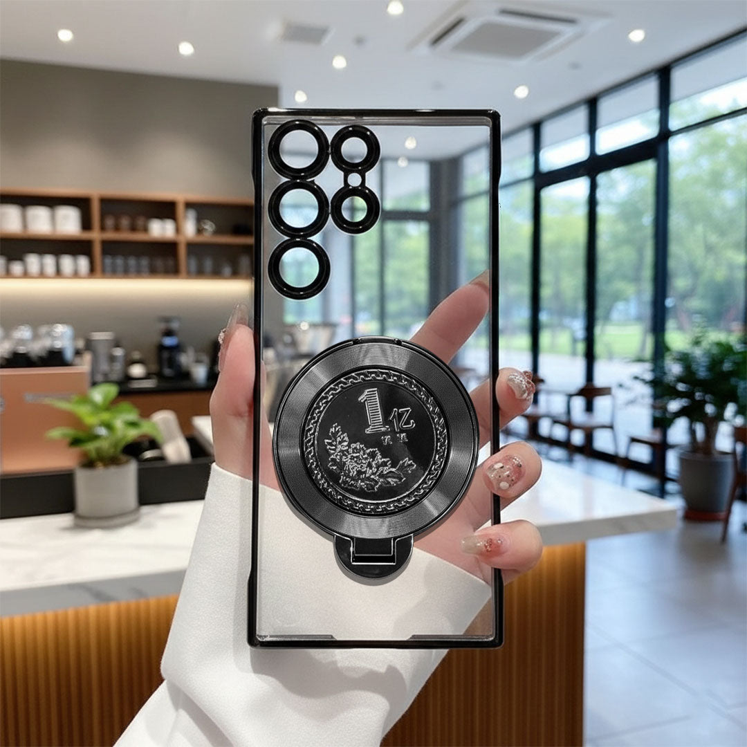 Samsung Galaxy S23 Ultra 5G Phone case with a coin design held by a person in an indoor setting