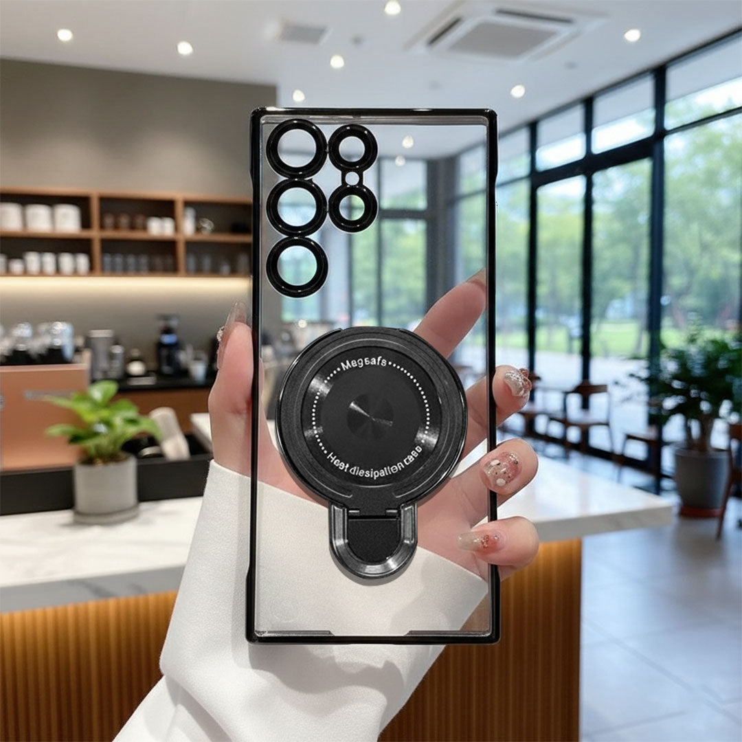 Person holding a Samsung Galaxy S23 Ultra 5G phone with a camera lens design case in a modern indoor setting