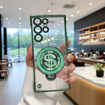 Samsung Galaxy S23 Ultra 5G Phone case with dollar sign design held in a hand in a modern indoor setting