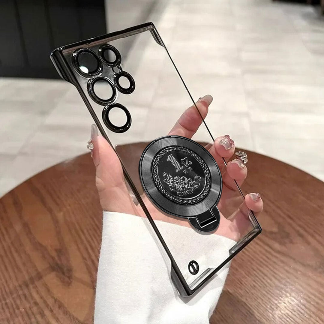 Samsung Galaxy S23 Ultra 5G Clear phone case with black circular design held by a hand on a wooden surface.